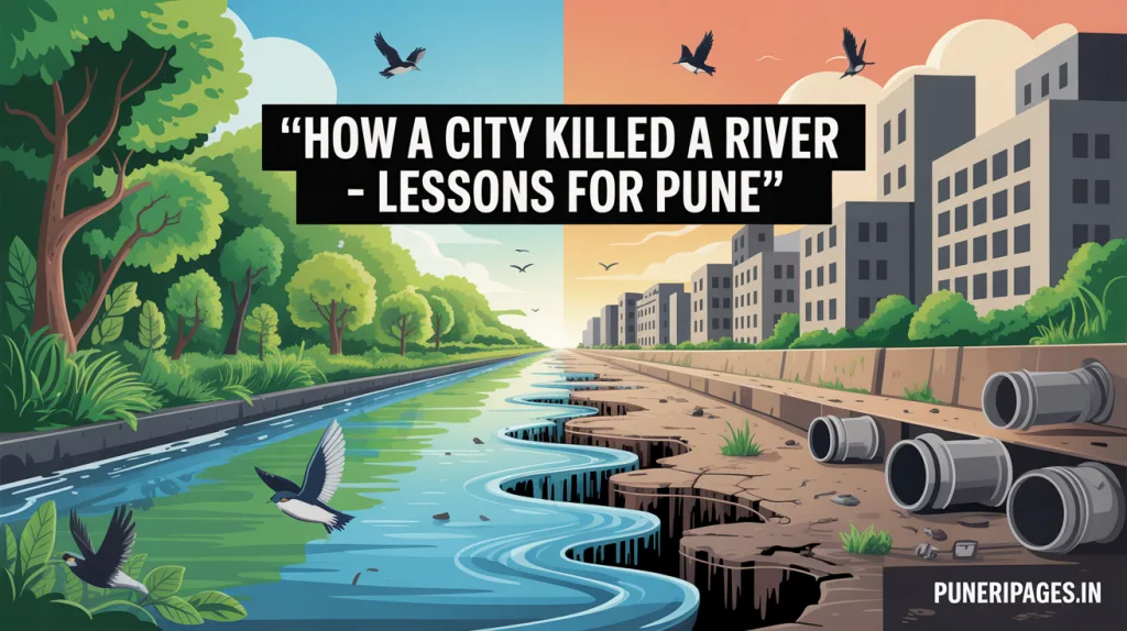 Illustration comparing a healthy natural river to a polluted urban drain, highlighting ecological decline with text 'How a City Killed a River – Lessons for Pune' and 'puneripages.in
