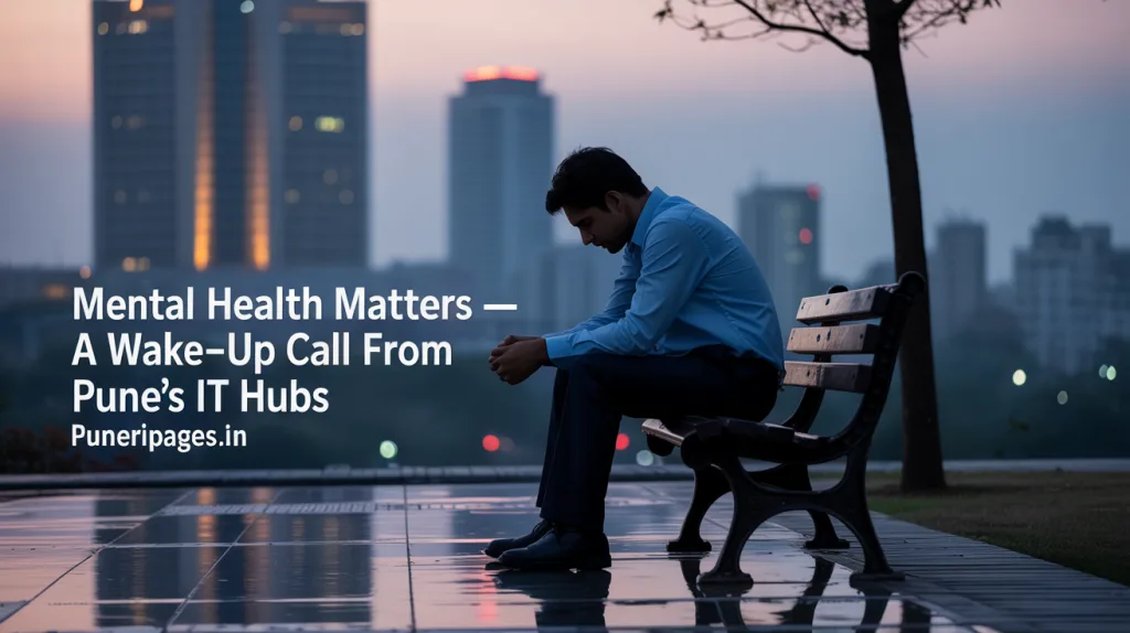 Silhouette of a distressed man in formal clothes sitting alone on a bench in Pune’s tech park, symbolizing mental health struggles in the IT industry.