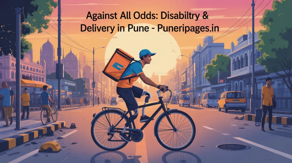 Delivery partner with a prosthetic leg navigating Pune streets at sunset, symbolizing resilience and inclusion.