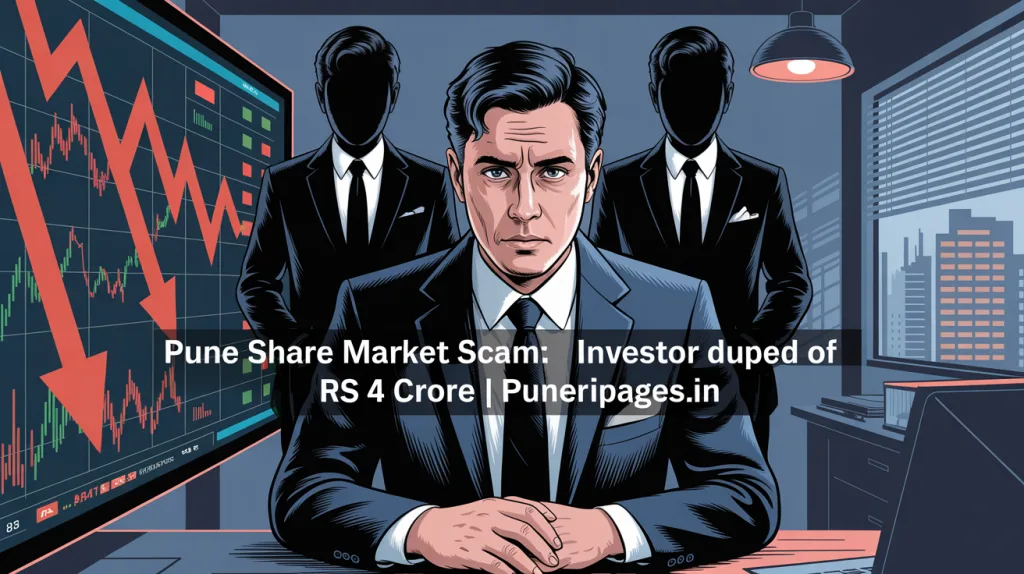 Illustration of share market fraud showing a stressed businessman and two shadowy scammers in an urban Pune office setting with red market indicators.
