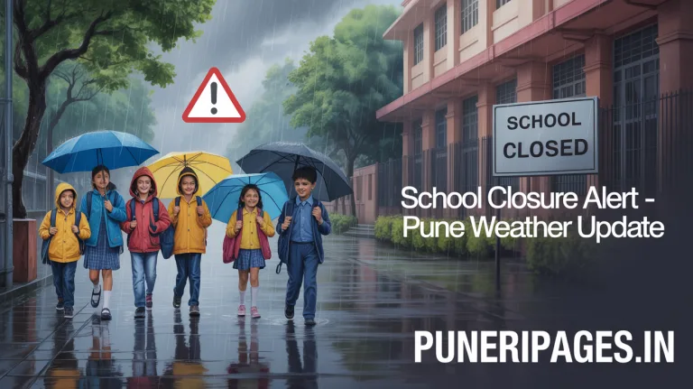 School closure update sign in rainy Pune street with children in raincoats