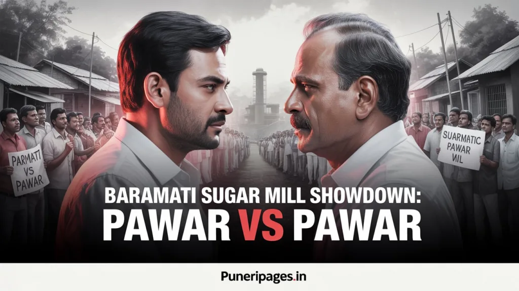 Two rival politicians facing each other in a village setting with a sugar mill in the background, symbolizing the Baramati election clash.