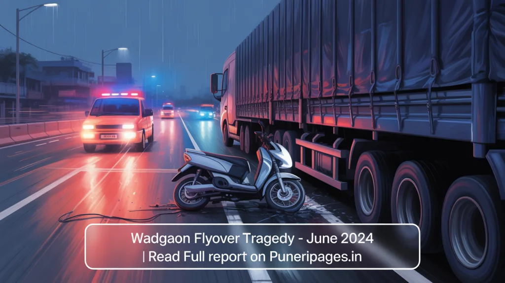 Graphic showing Pune's Wadgaon flyover at night with depiction of a tragic truck and bike collision.