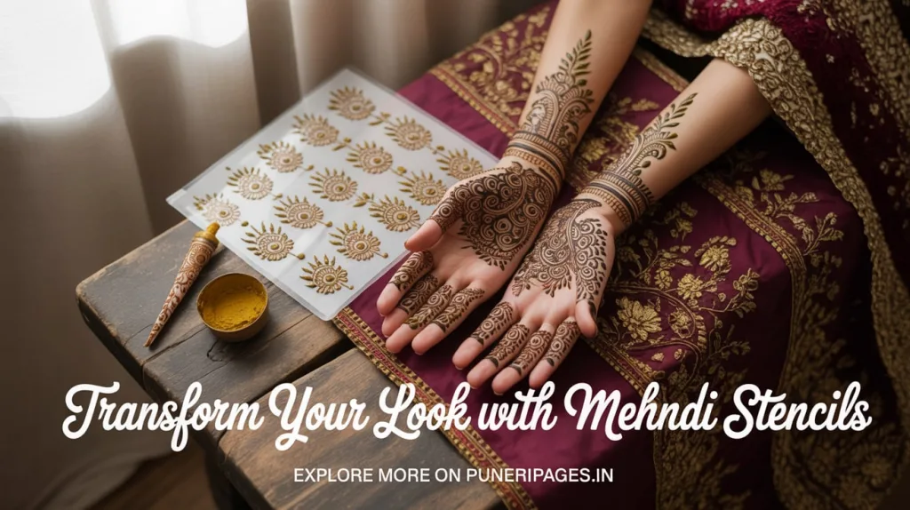 Top view of hands and feet decorated with intricate mehndi stencil designs alongside stencil tools, with text promoting mehndi stencil guide on PuneriPages.in