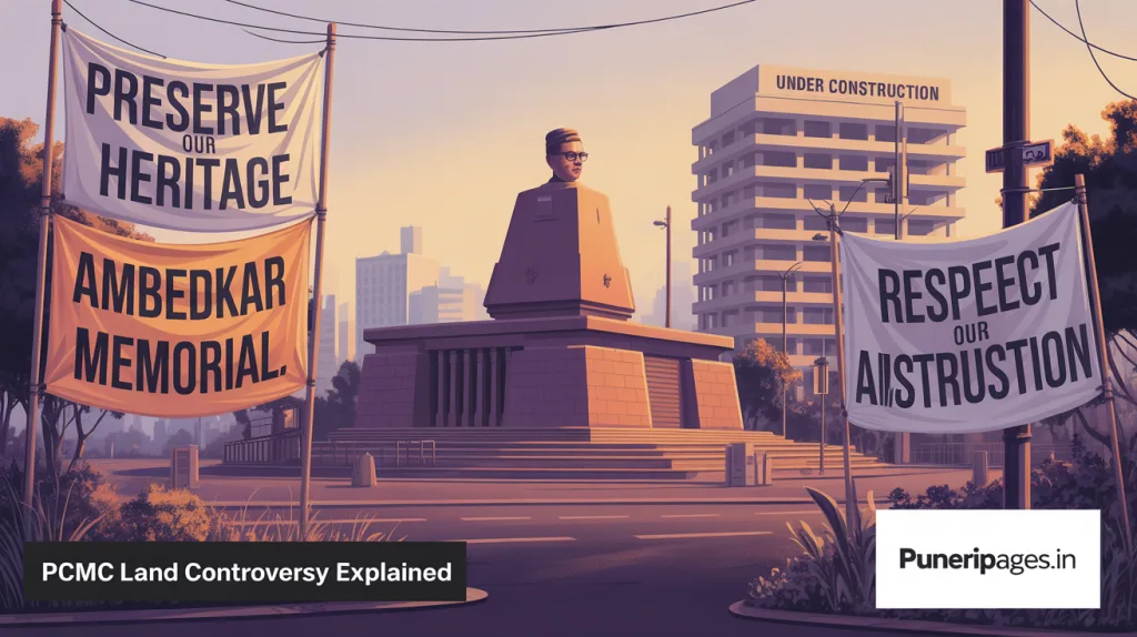 Illustration showing Babasaheb Ambedkar Memorial with protest banners and a backdrop of proposed police station development.