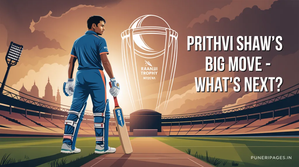 Prithvi Shaw stands on a cricket pitch with a sunset backdrop, symbolizing his departure from Mumbai’s Ranji team.