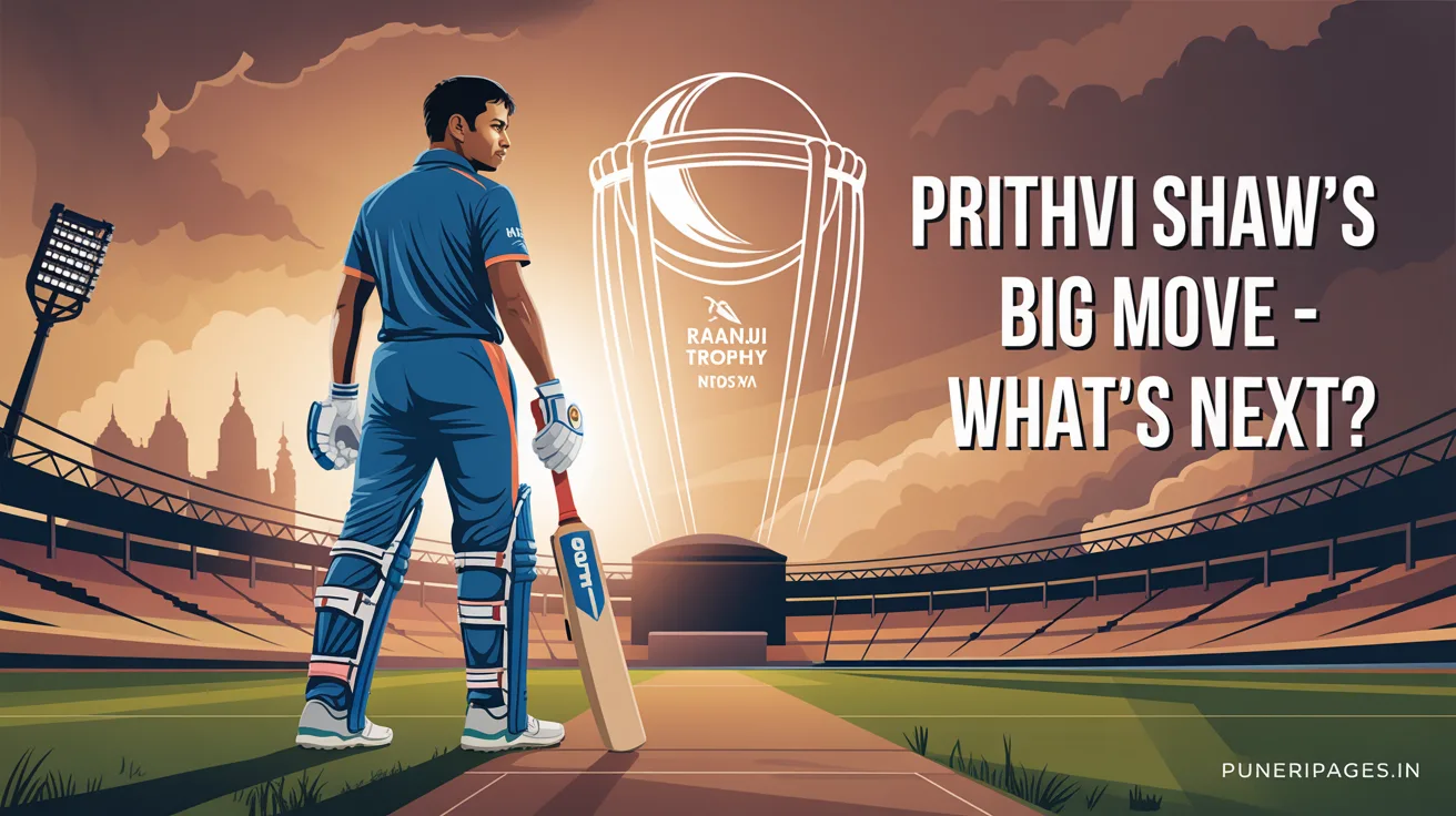 Prithvi Shaw stands on a cricket pitch with a sunset backdrop, symbolizing his departure from Mumbai’s Ranji team.