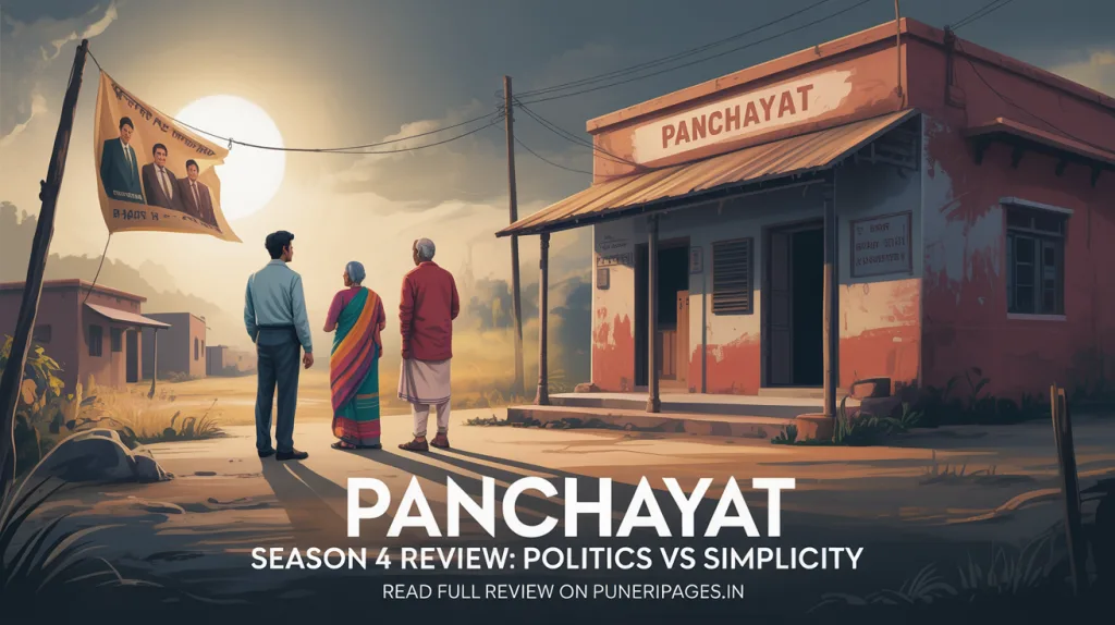 "Panchayat Season 4 cover image showing village backdrop and political tension with text overlay 'Review – Politics vs Simplicity, PuneriPages.in'"