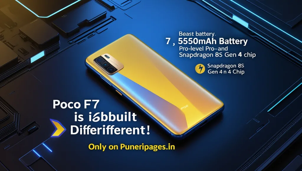POCO F7 smartphone with battery and processor highlights, branded by puneripages.in