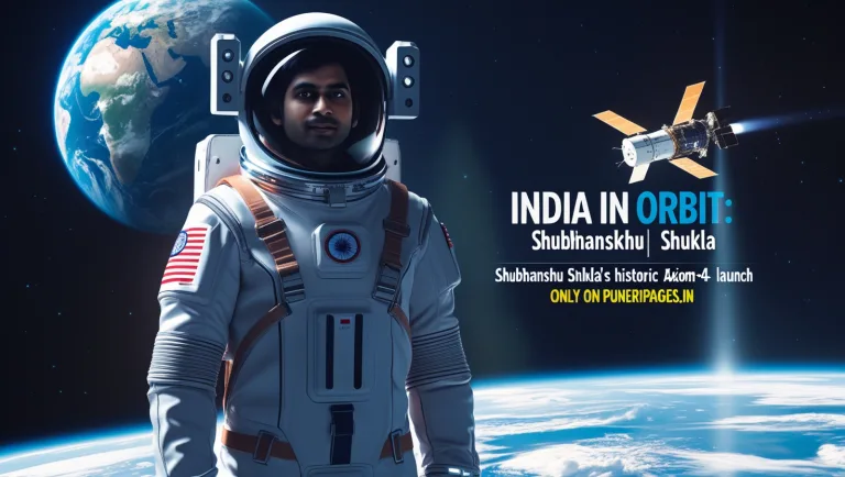 Indian-origin astronaut illustration with Earth backdrop and text overlay about Shubhanshu Shukla’s Axiom-4 mission on puneripages.in