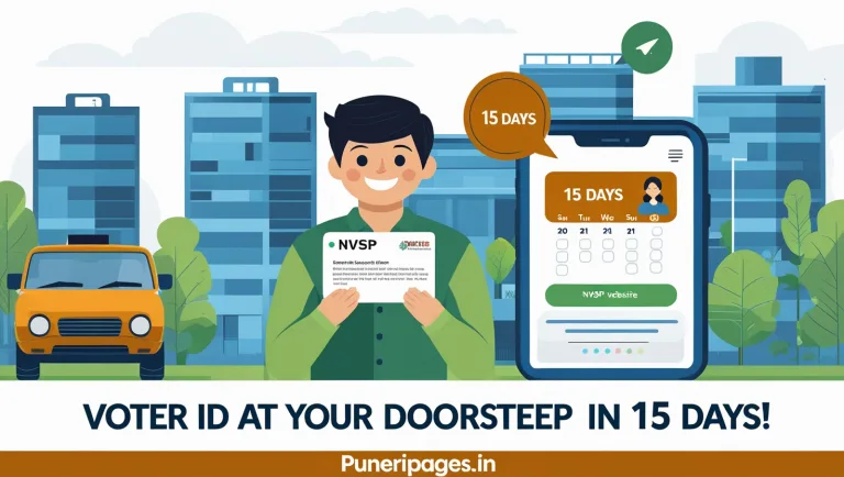 Illustration of a man receiving a voter ID at his doorstep within 15 days, highlighting India’s fast-track delivery system.