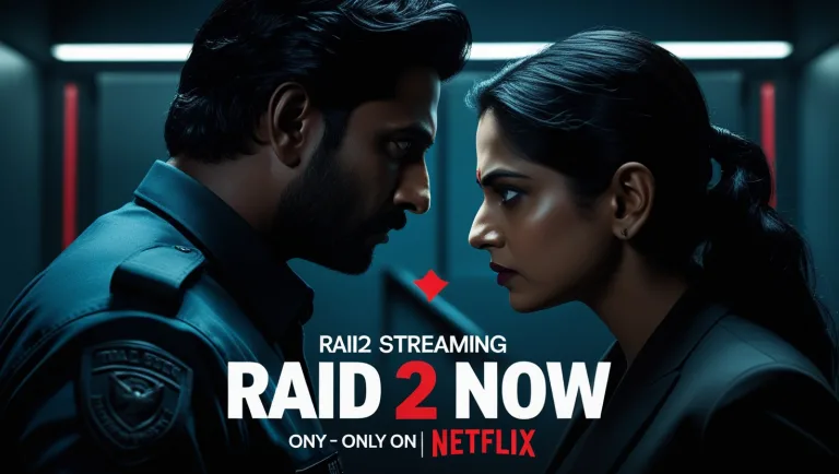 Ajay Devgn and Riteish Deshmukh in a dramatic Raid 2 OTT poster with Netflix branding and puneripages.in mention