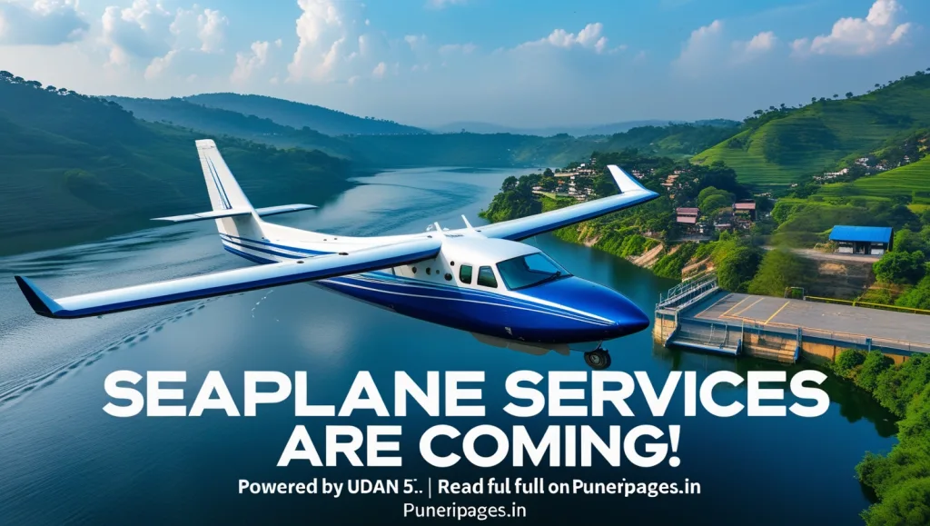 Aerial view of a seaplane flying above a dam in Maharashtra under a blue sky with hills in the background.
