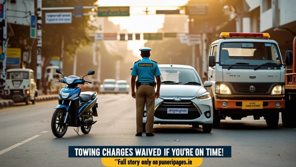 Pune traffic cop stopping towing of a two-wheeler as the owner approaches on a busy city street.