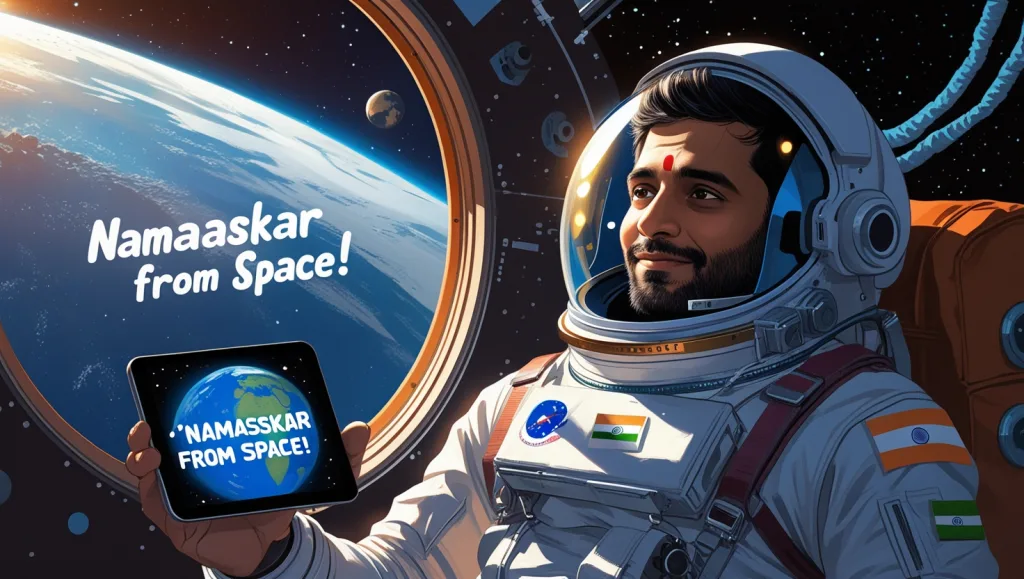 Indian astronaut Shubhanshu Shukla waves from the ISS with Earth and India visible below.