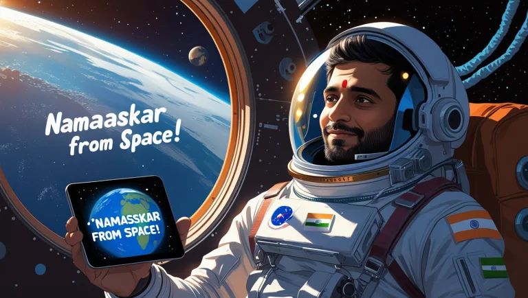 Indian astronaut Shubhanshu Shukla waves from the ISS with Earth and India visible below.