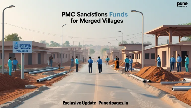 Newly merged village under PMC development with visible civic upgrades and a PMC signboard.
