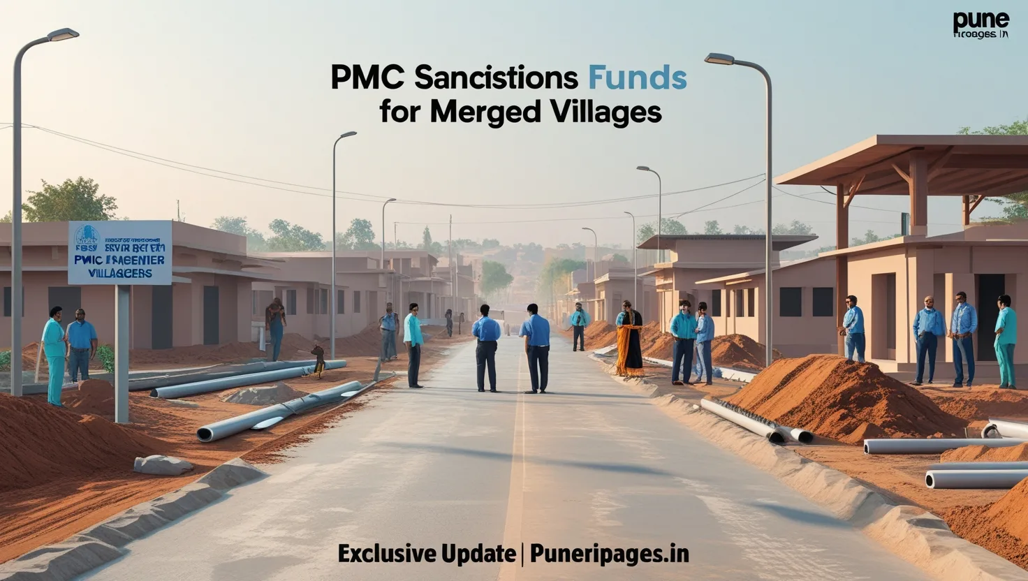 Newly merged village under PMC development with visible civic upgrades and a PMC signboard.
