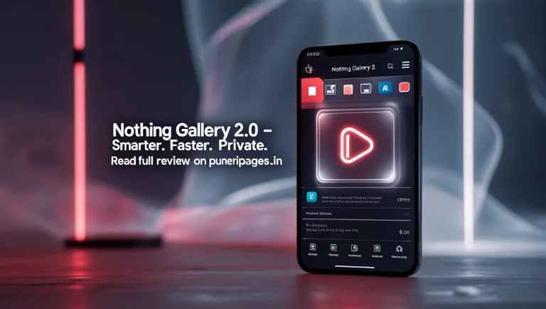Futuristic smartphone UI showcasing Nothing Gallery 2.0 features with AI editing tools, promoting puneripages.in review.