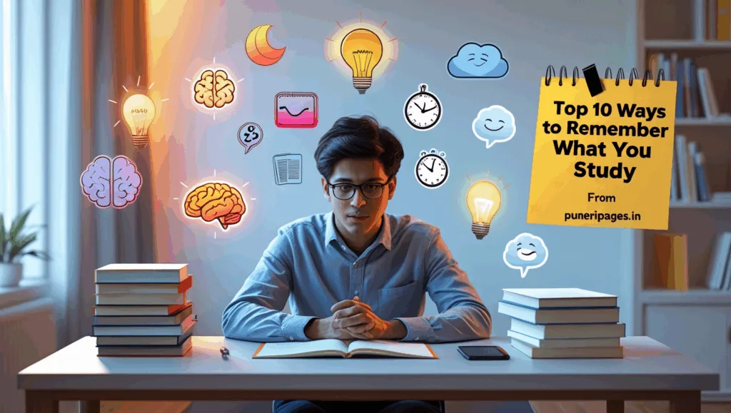 Student studying surrounded by memory icons like brain, books.