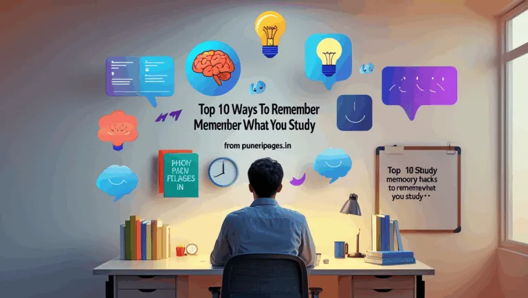 "Student studying surrounded by memory icons like brain, books, and reminders with text overlay – Top 10 Study Memory Hacks by puneripages.in"
