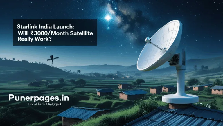 Illustration of Starlink satellite internet reaching rural India with a satellite dish in a village landscape