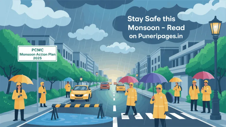 "Illustration of PCMC Monsoon Action Plan 2024 in action with emergency teams, clean streets, and rain-ready citizens in Pimpri Chinchwad."