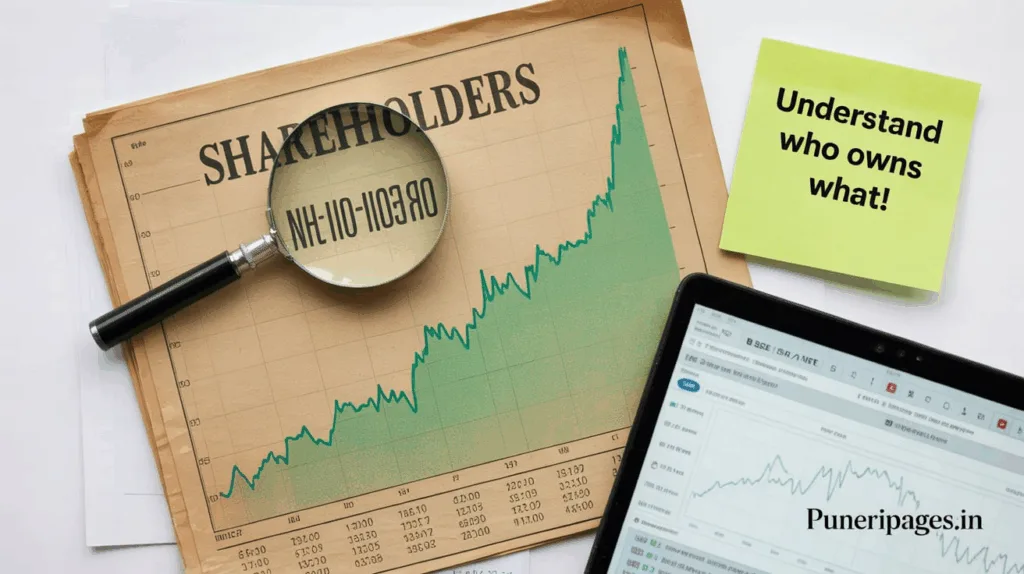 Stock chart and magnifying glass highlighting shareholder data with puneripages.in branding