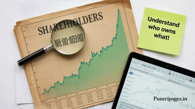 Stock chart and magnifying glass highlighting shareholder data with puneripages.in branding