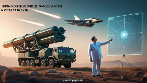 India’s Air Defense systems including S-400 missile launcher, Sukhoi-30 MKI jet, and DRDO Project Kusha concept