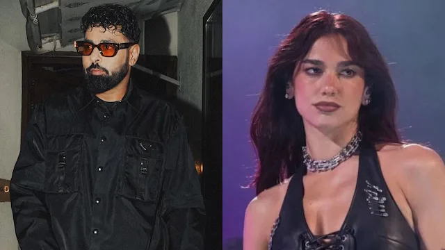 Badshah addressing media with overlay text about Dua Lipa comment