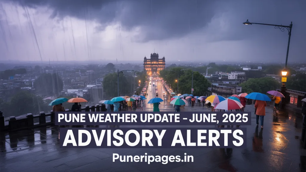 Pune city experiencing heavy monsoon rainfall in june, 2025, with citizens navigating through the downpour.