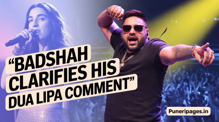 Badshah addressing media with overlay text about Dua Lipa comment, article by puneripages.in