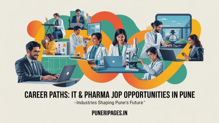 Collage showing Pune city skyline with IT parks, pharmaceutical labs, and professionals, representing career opportunities in IT and Pharma sectors.