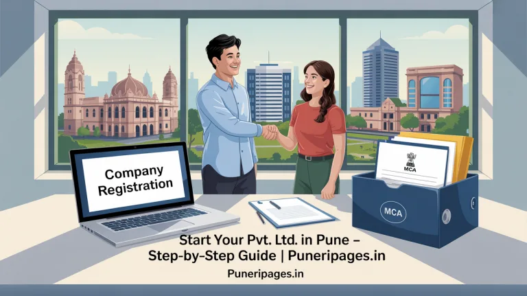 Illustration of company registration process in Pune with skyline, entrepreneurs, and digital tools, with puneripages.in branding