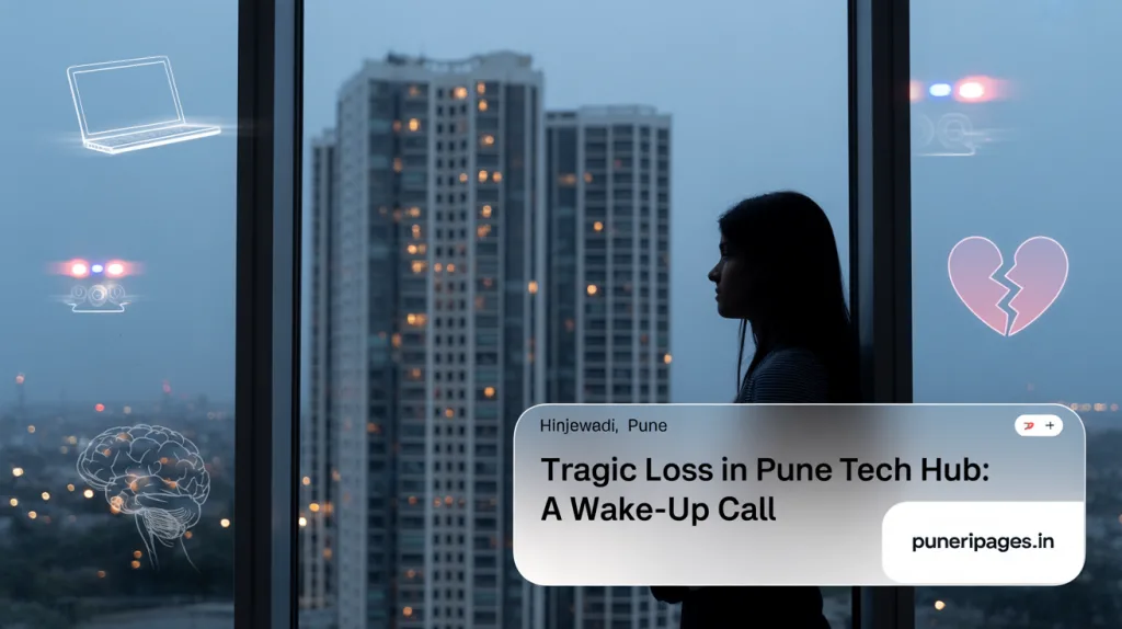 Illustrative cover image depicting Pune’s Hinjewadi skyline with mental health and tech elements, highlighting a tragic news article on puneripages.in.