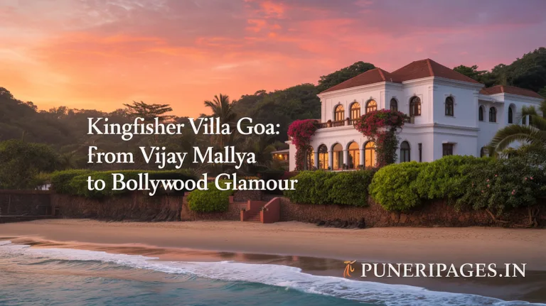 Front view of the luxurious Kingfisher Villa in Goa at sunset, showcasing its grand architecture, lush gardens, and proximity to the beach, highlighting its connection to Vijay Mallya and Bollywood.
