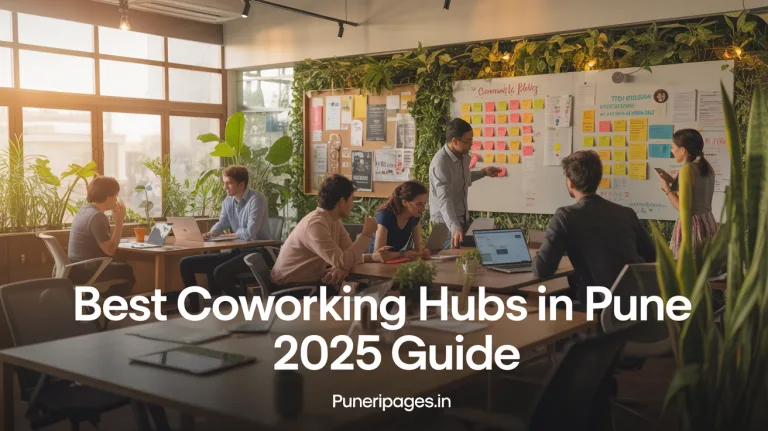 Modern coworking office in Pune with professionals working and collaborating in a shared space.