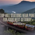Scenic view of top hill stations near Pune including waterfalls, mountains, and tourist spots with puneripages.in branding.