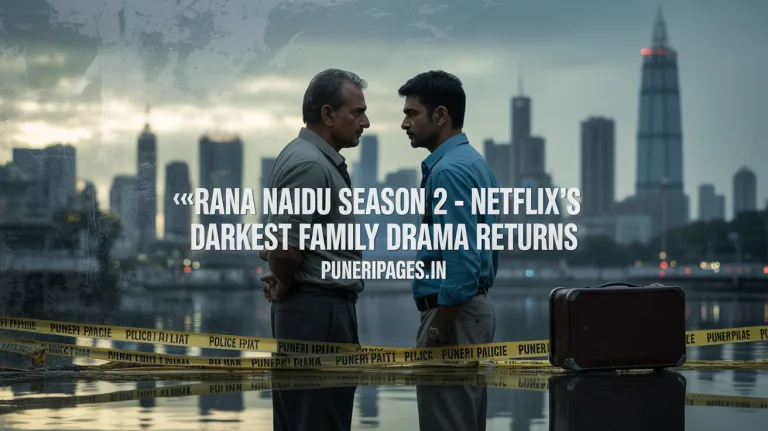 Dramatic image of Rana and Naga Naidu facing off over Mumbai’s skyline at night, representing Netflix’s crime drama.