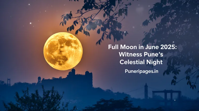 “Strawberry Moon rising over Pune hills with glowing skyline and article title overlay.”