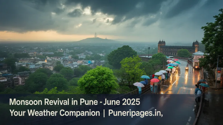 Monsoon clouds over Pune city skyline with locals using umbrellas and greenery in the foreground, branded with “Monsoon Revival in Pune – June 2025” and puneripages.in.