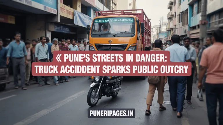 “Traffic accident scene on Marketyard-Gangadham Road in Pune showing a truck and bike with alert text about public safety.”