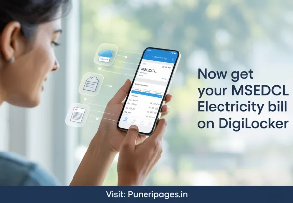 Indian woman checking her electricity bill on the DigiLocker mobile app, promoting digital document storage in Maharashtra.