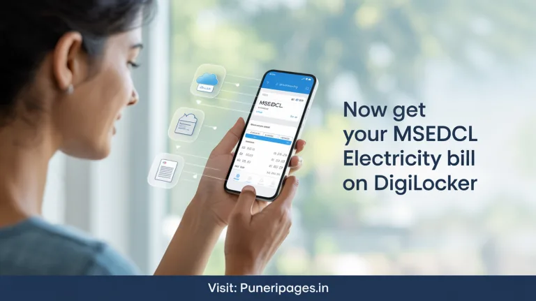 Indian woman checking her electricity bill on the DigiLocker mobile app, promoting digital document storage in Maharashtra.