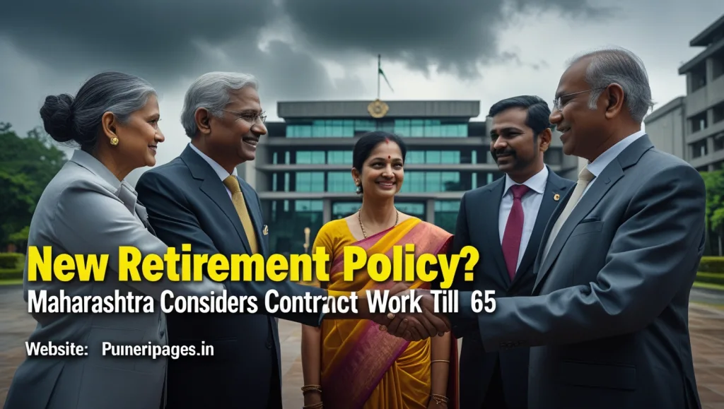 Senior citizens in formal attire shaking hands with a government official outside a government office, representing Maharashtra's new retirement employment policy.