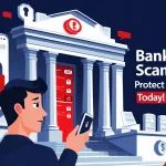 Illustration of a concerned bank customer receiving a fraud alert on a phone with a bank building in the background.