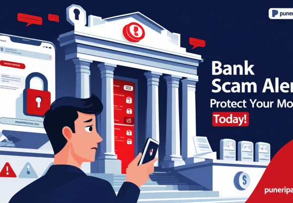 Illustration of a concerned bank customer receiving a fraud alert on a phone with a bank building in the background.