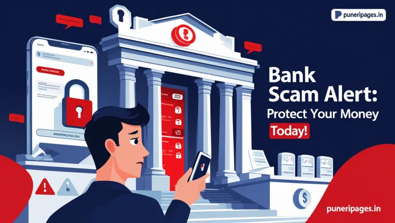 Illustration of a concerned bank customer receiving a fraud alert on a phone with a bank building in the background.