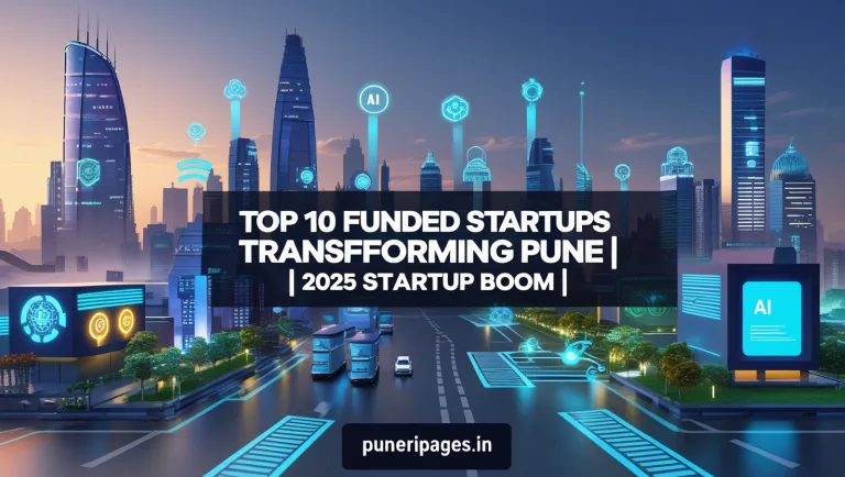 Digital illustration of Pune as a futuristic startup hub with high-tech elements and overlay text: "Top 10 Funded Startups Transforming Pune | 2025 Startup Boom - puneripages.in"
